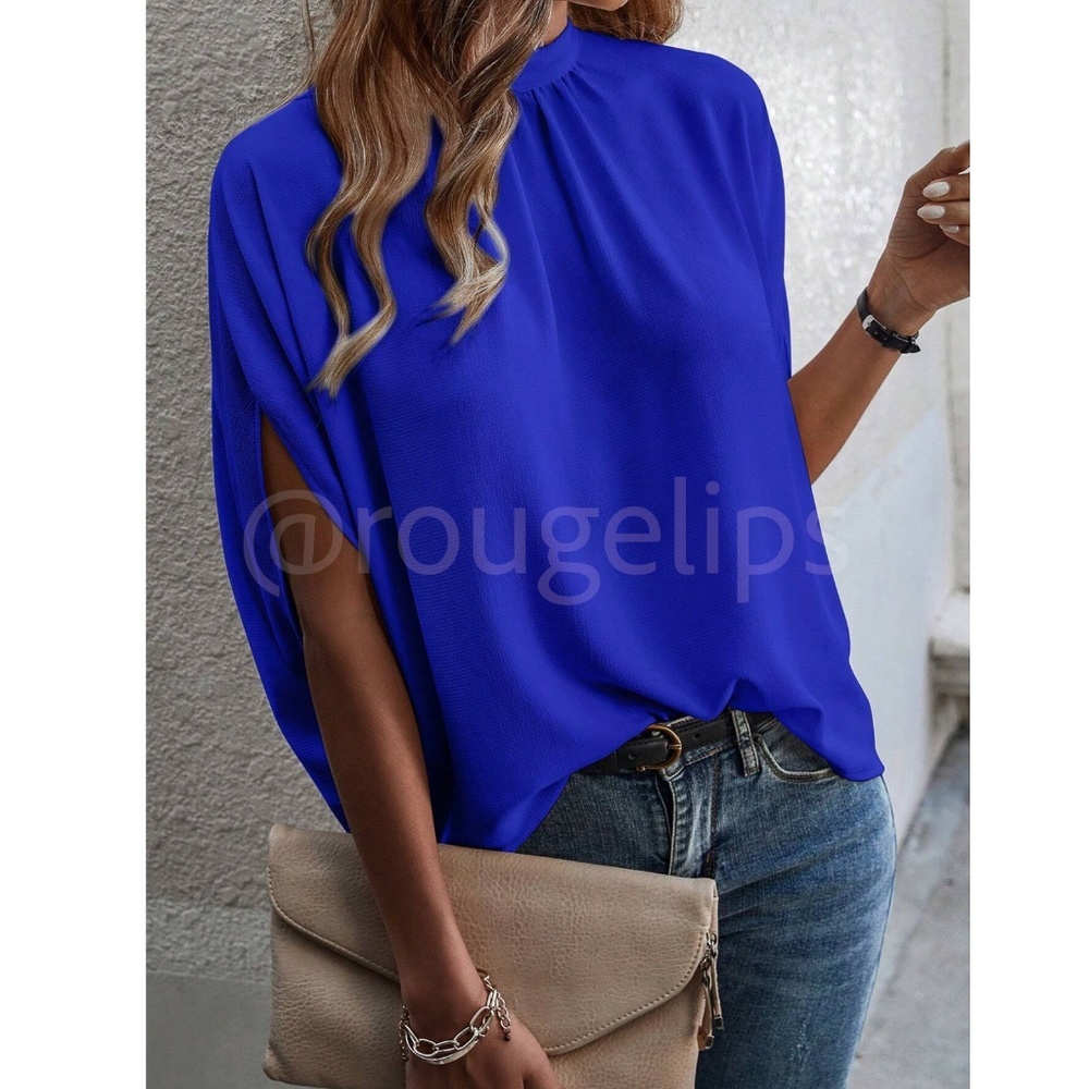 Royal Blue Blouse Top Flowy, High Neck